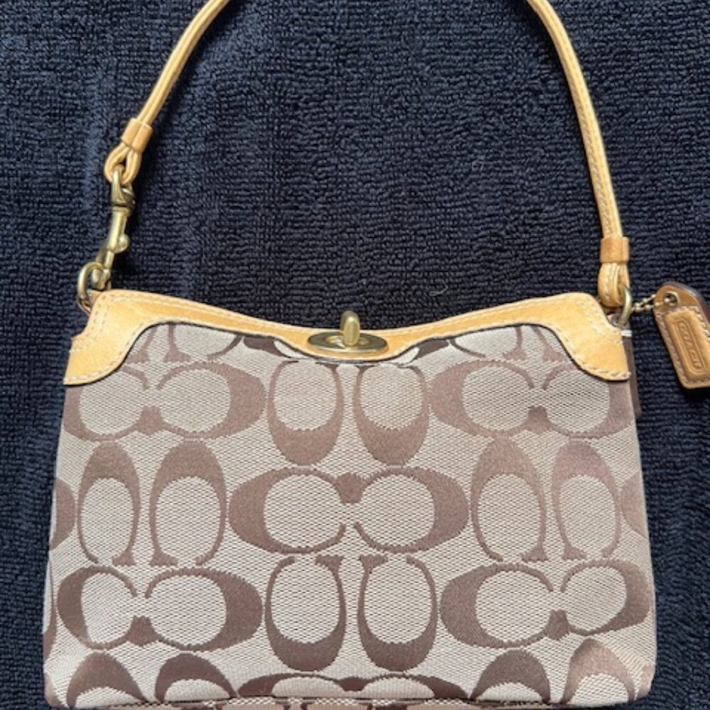 Coach Brown Signature Jacquard and Leather Hampton Demi Pouch Clutch Bag
